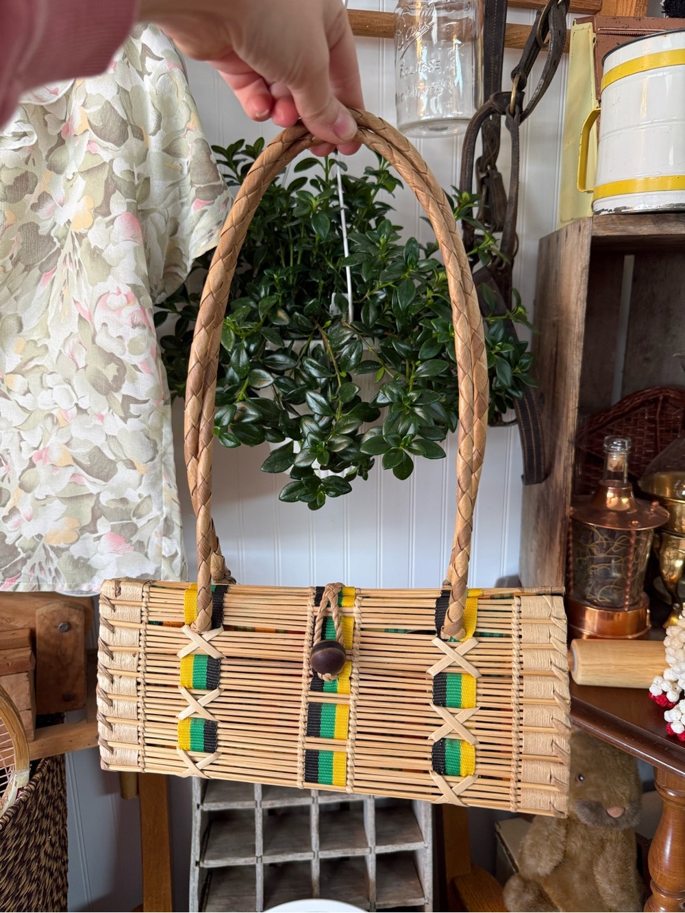 Woven Bamboo Handbag with Yellow & Green Accent